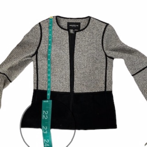 Lafayette 148 NY Collarless Black White Tweed/Suede Fitted Jacket Sz P Front Zip - Picture 14 of 16